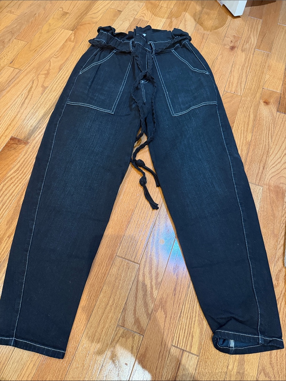 Something Navy Black Jeans with White Stitching & Cinched Waist with Belt Size 6